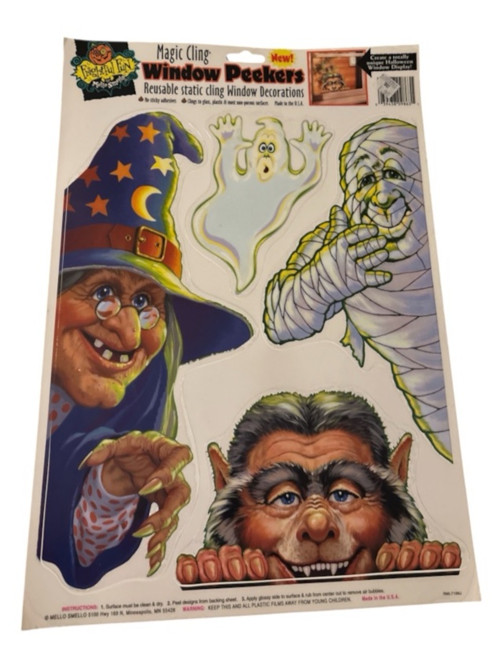 Vintage 90s Mello Smello "Frightful Fun" Magic Cling Window Peeker|Monster/Witch